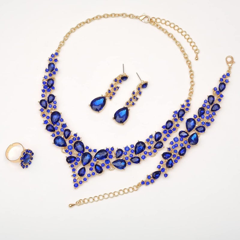 CSY 4 Pcs/Set Austrian Crystal Necklace Earrings Bracelet Ring Bridal Jewelry Sets for Brides Wedding Party Costume Accessories Gifts for Women - Image 3
